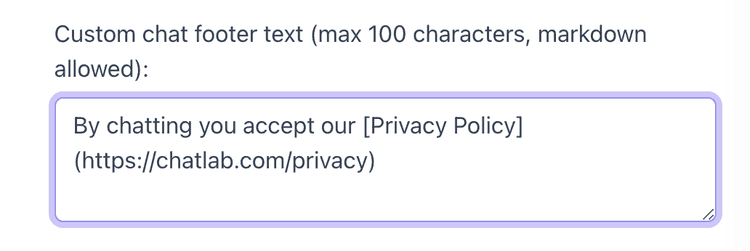 Privacy policy info editor in the chat footer